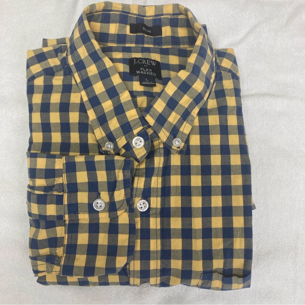 J Crew Men's Flex  Washed  Slim Yellow Blue Button Down Shirt Size L
